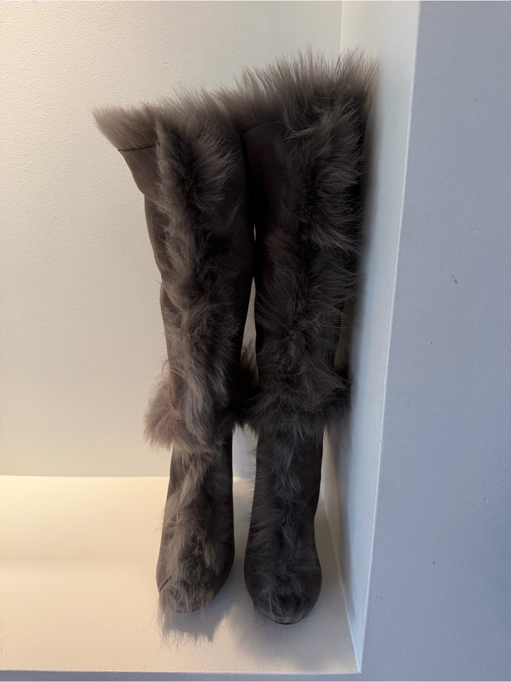 Pedro Garcia Sully Gray Suede Knee-High Fur Heeled Boots Peep Toe - Picture 2 of 7
